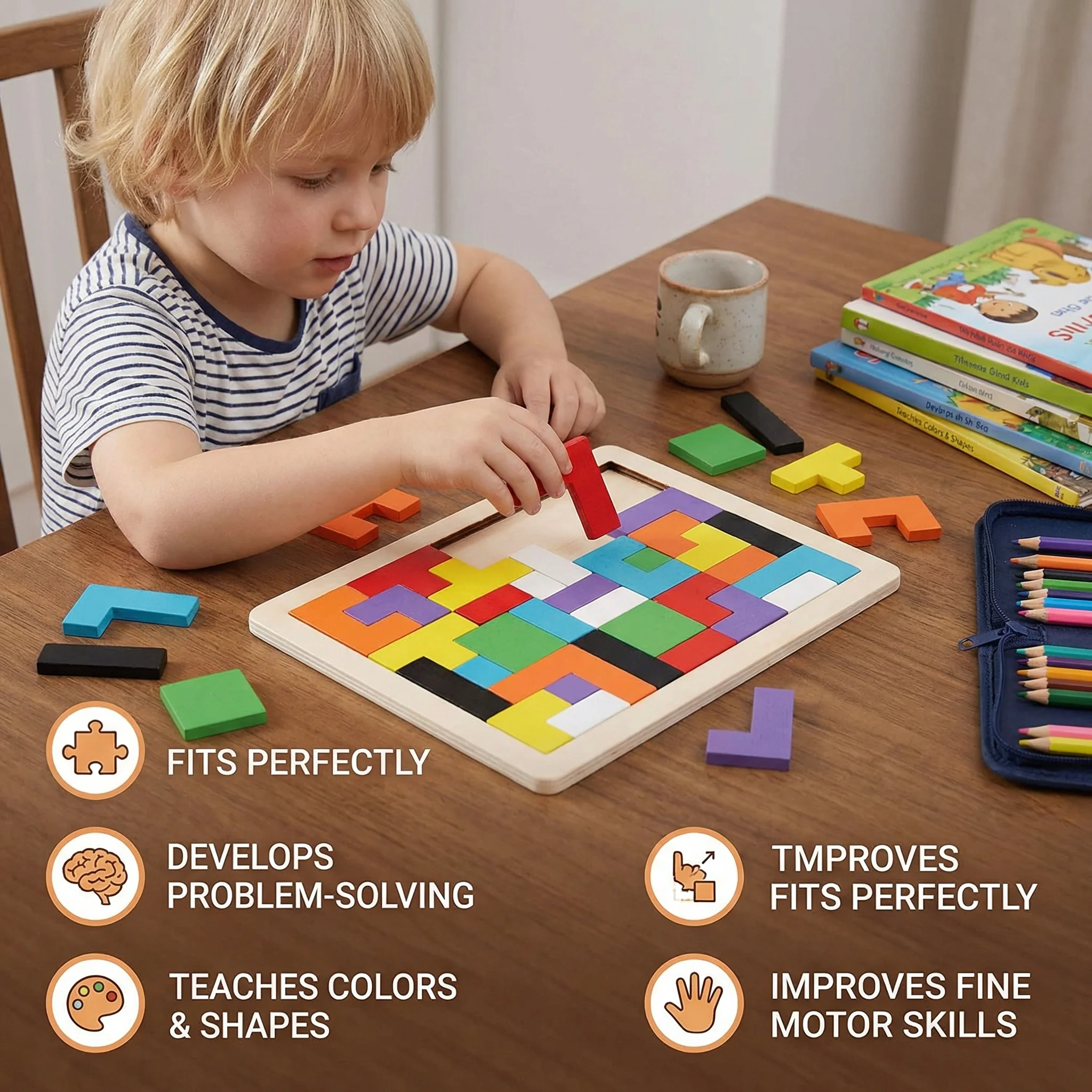 Educational Wooden Tangram Puzzle – Colourful Montessori Learning Toy for Kids - Image 3