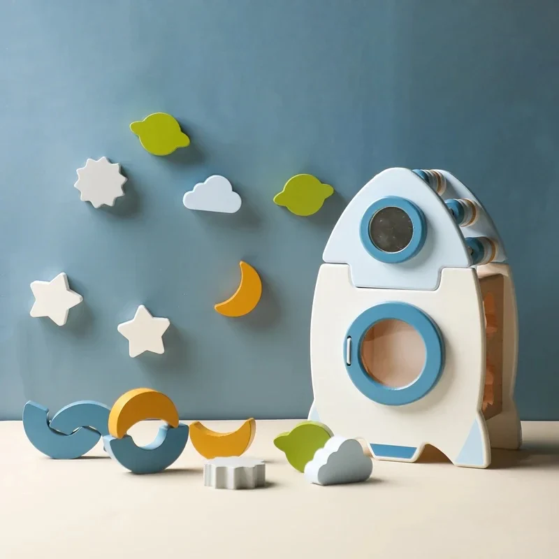 Handmade Montessori Wooden Rocket with Various Shapes and Colors - Image 5