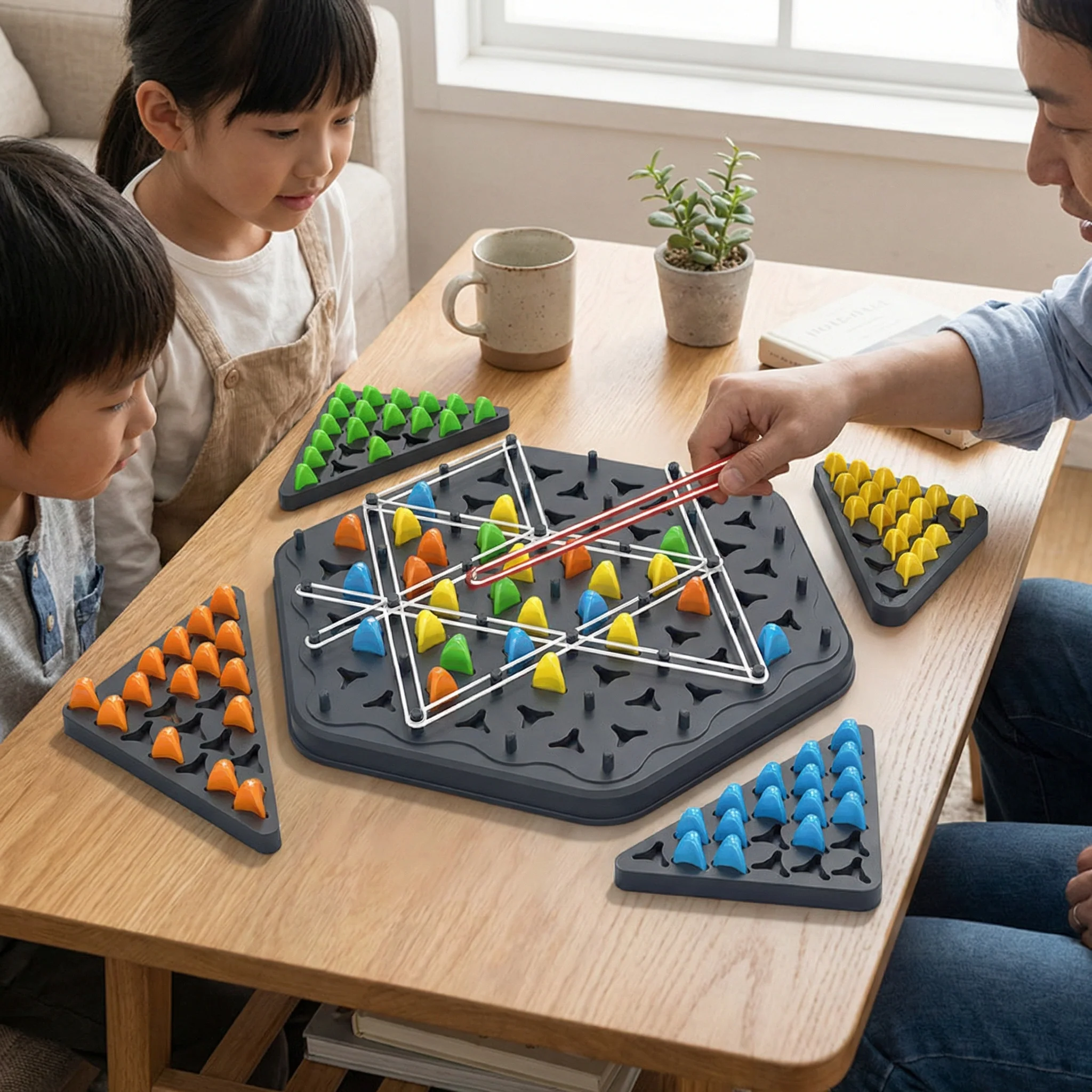 Rubber band triangle chess family game