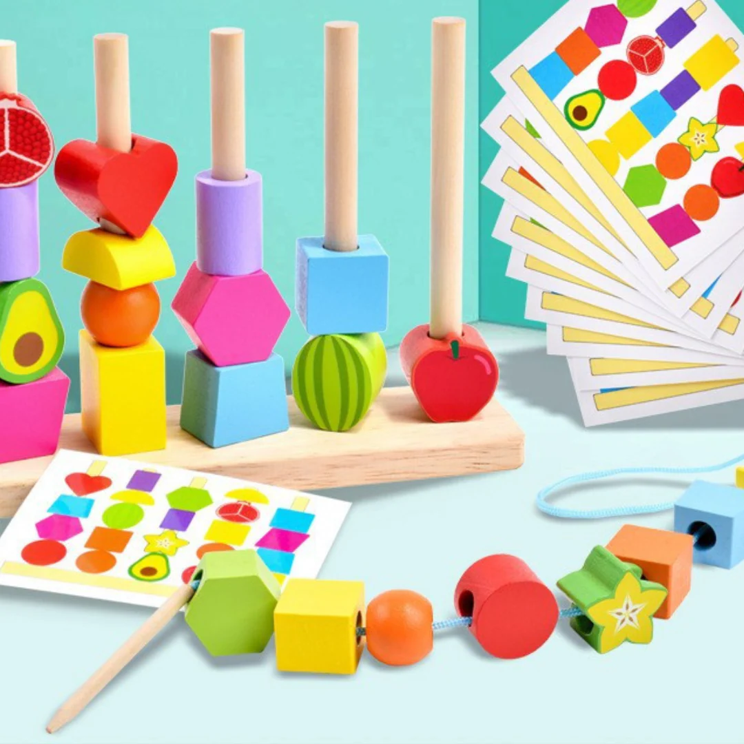 Wooden Montessori colors and shapes thread toy - Image 4